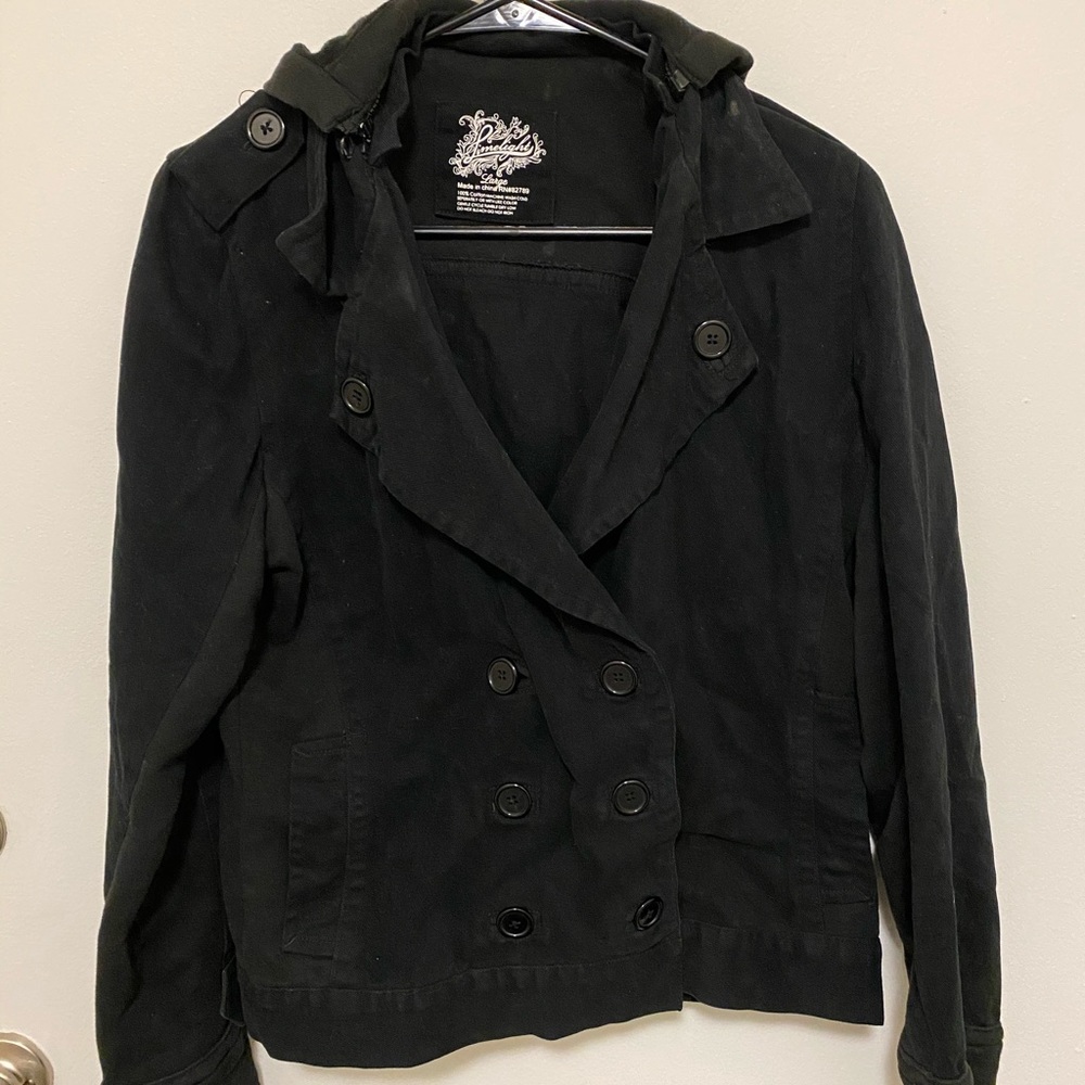 Denim-like double breasted hooded jacket
